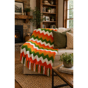 Vintage Zigzag Crochet Multicolor Throw Blanket with Fringe on Sides 46" x 62"